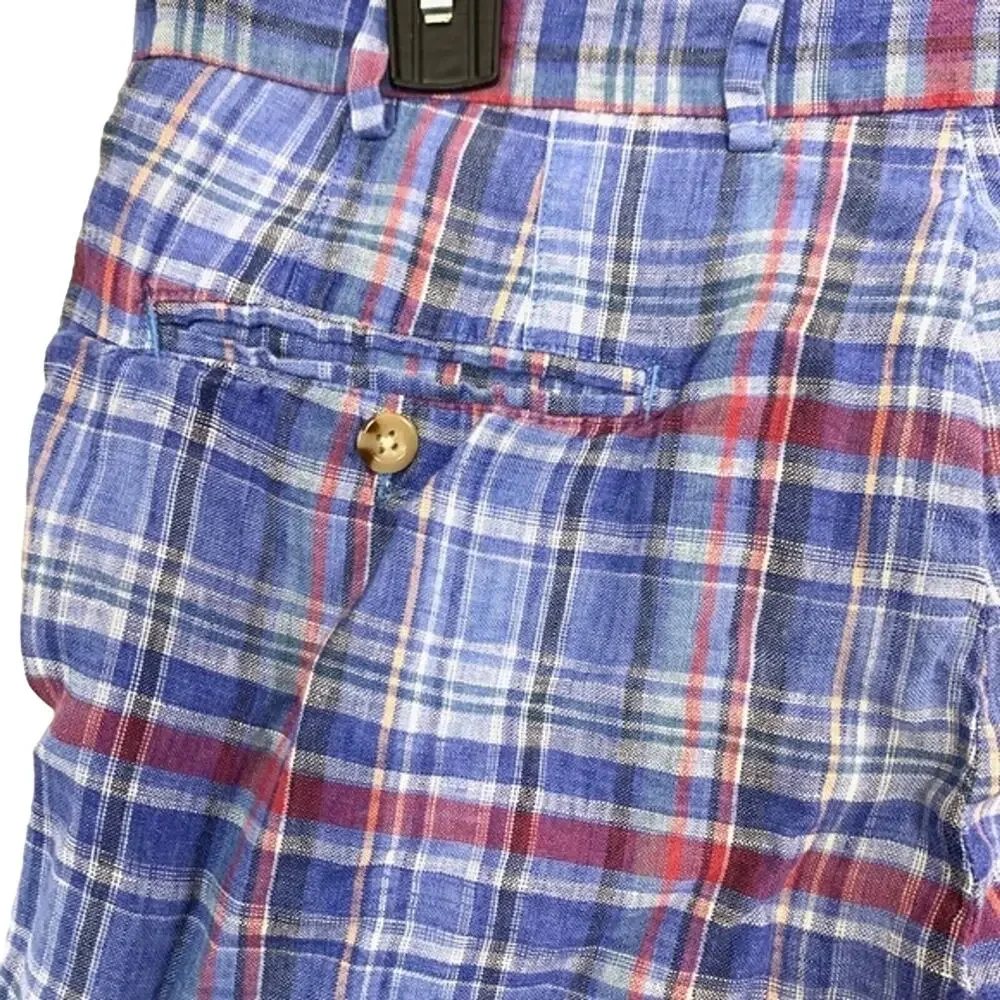 PETER MILLAR Blue Pink Linen Men's Flat Front Shorts Golf Casual Plaid sz 34